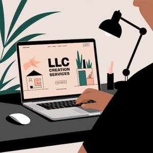 A vector illustration of a person sitting at a desk with a laptop.