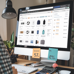 An Amazon FBA store with the Smart Wholesale Automation software open on a computer.