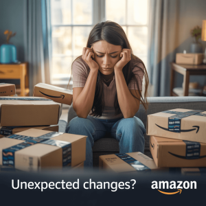 Lifestyle advertisement addressing the frustration of Amazon order cancellations.
