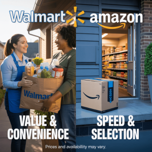 Advertisement contrasting Walmart and Amazon.