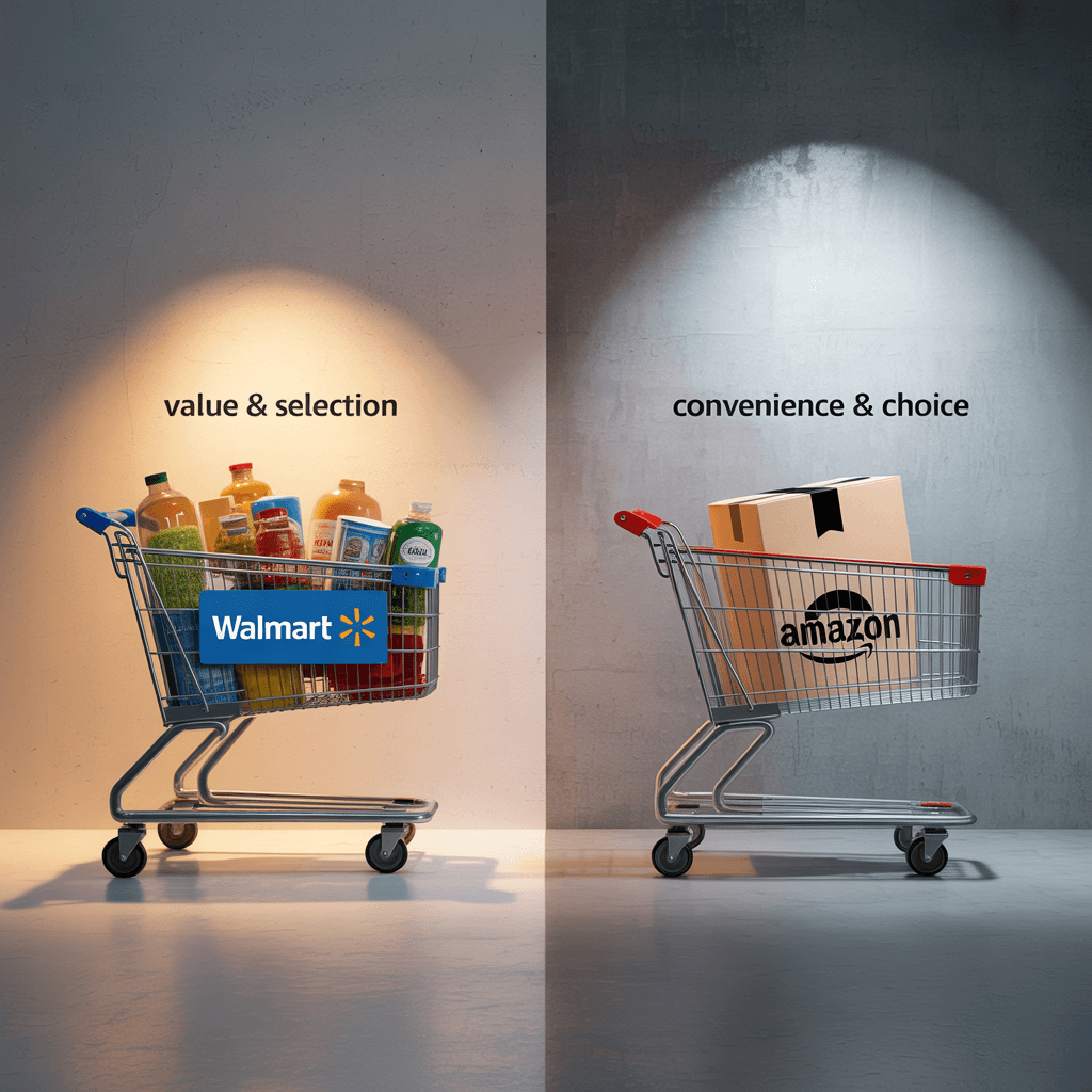 Advertisement contrasting Walmart and Amazon.
