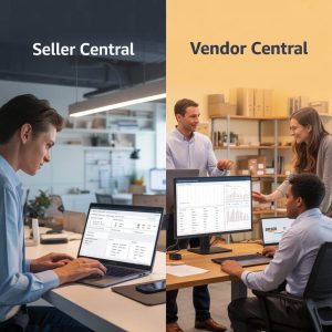 Ad comparing Amazon Seller Central and Amazon Vendor Central.